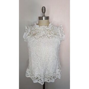 White M/L Floral Lace Ruffle Neck Tie Front Top Blouse Romantic Coquette Fairy